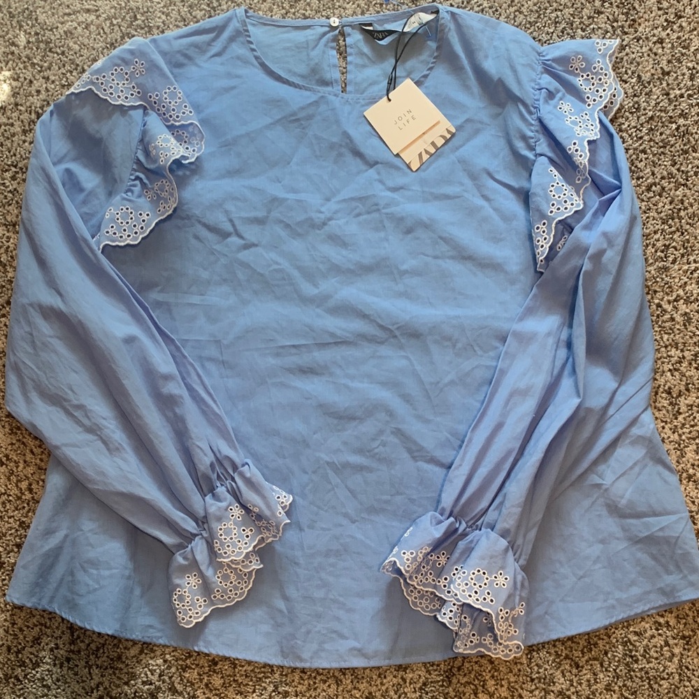 Zara Light Blue Eyelet Ruffle Blouse